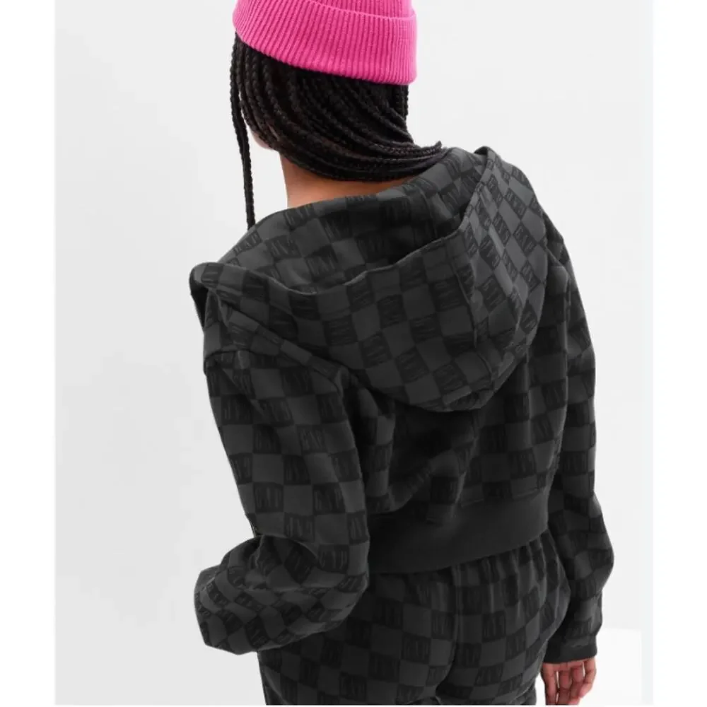 Gap Teen Black Checkerboard Logo Crop Zip Up Hooded Sweatshirt (size 14-16)